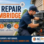 Licensed HVAC technician inspecting an outdoor AC condenser unit during a repair call in Cambridge, Ontario