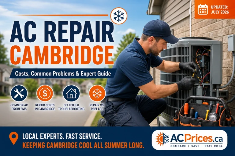 Licensed HVAC technician inspecting an outdoor AC condenser unit during a repair call in Cambridge, Ontario