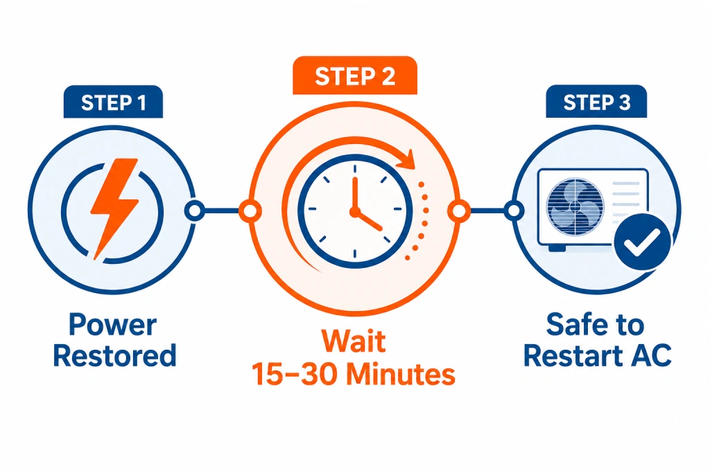 Diagram showing the 15 to 30 minute AC restart wait rule after a power outage in Ontario