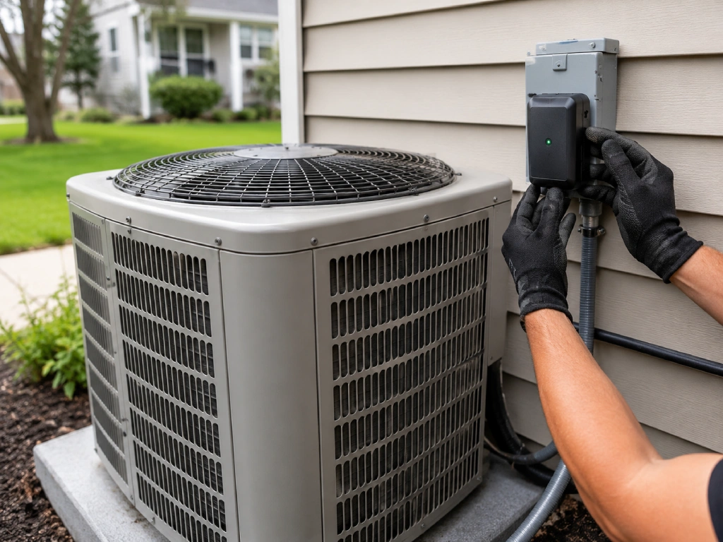 AC-specific surge protector installed at outdoor condenser unit, Ontario
