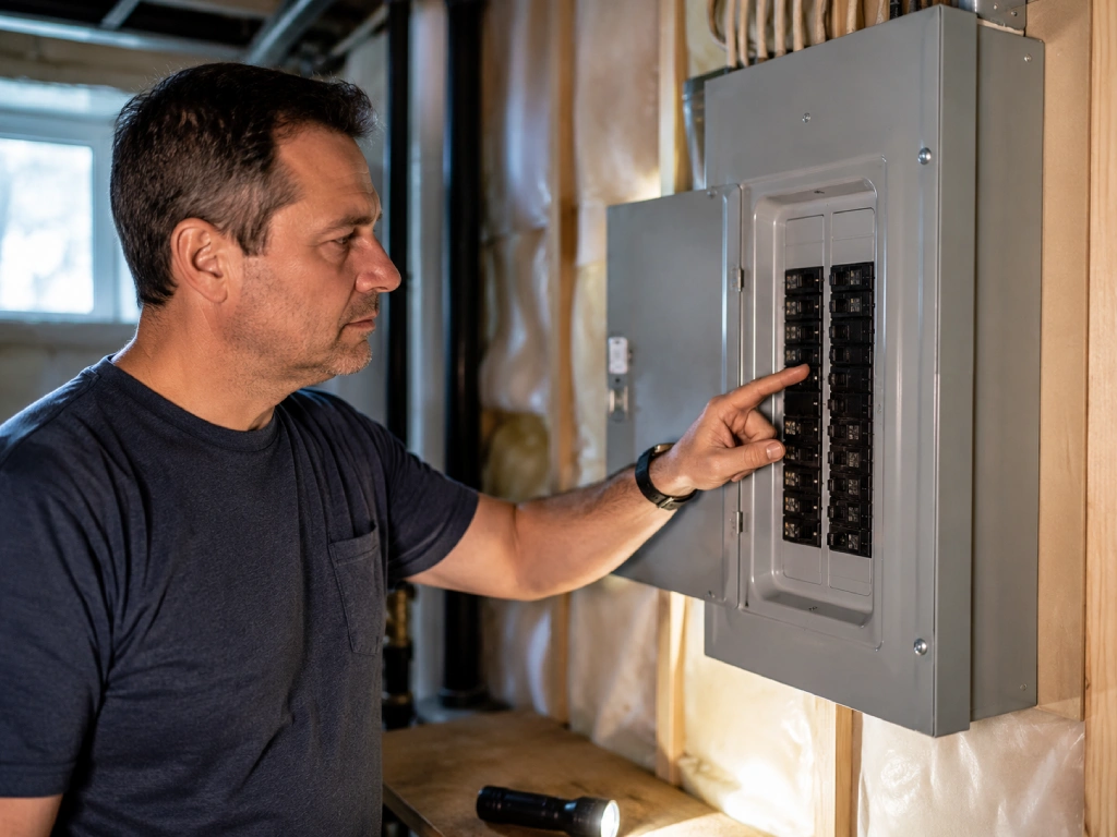 Homeowner checking breaker panel for a tripped breaker after a power outage in Ontario
