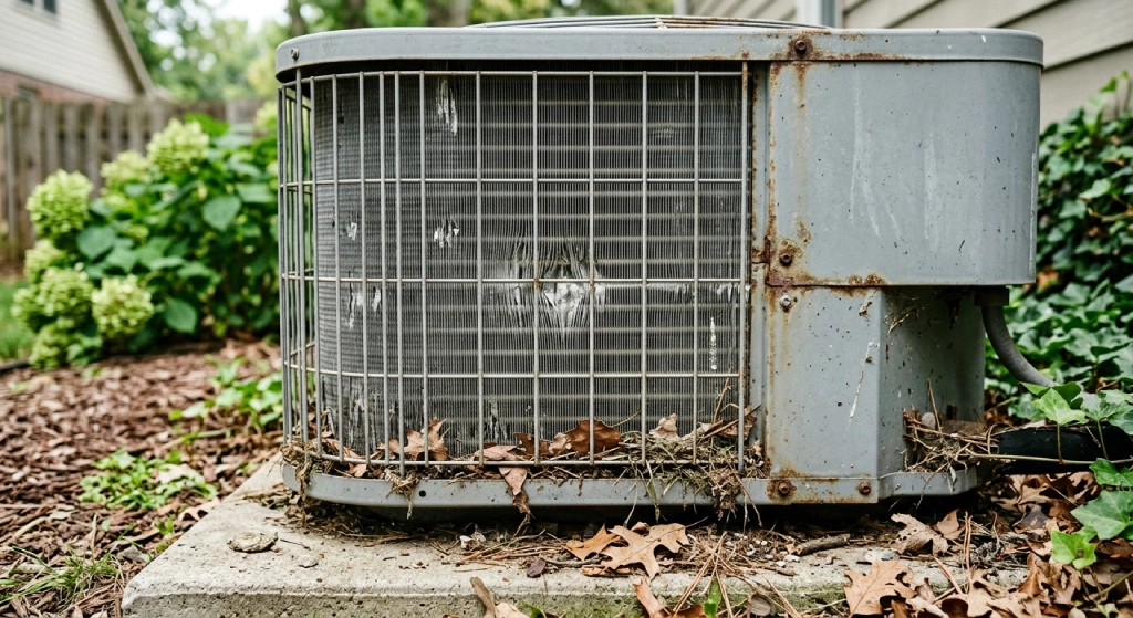 Damaged outdoor AC condenser unit showing warning signs of needing repair in a Cambridge home