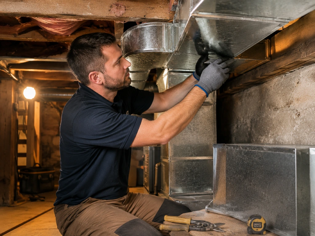 HVAC technician modifying ductwork for a first-time central AC install in an older Hamilton home