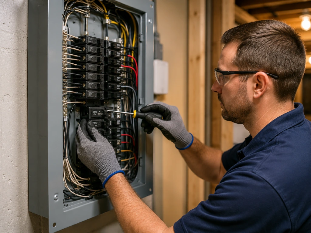 Electrician upgrading a home electrical panel for a new AC installation circuit in Hamilton Ontario