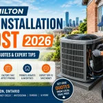 HVAC technician installing a central air conditioner outside a home in Hamilton, Ontario, illustrating average AC installation costs, pricing, and expert tips for 2026.