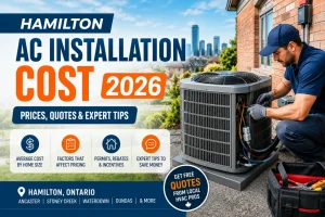 HVAC technician installing a central air conditioner outside a home in Hamilton, Ontario, illustrating average AC installation costs, pricing, and expert tips for 2026.