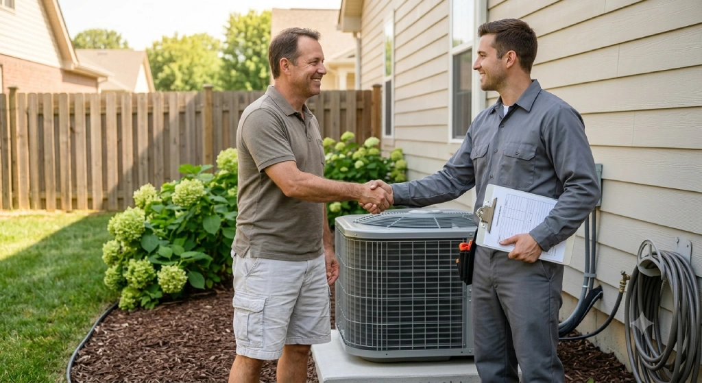 Homeowner shaking hands with a trusted licensed HVAC technician after an AC repair in Cambridge