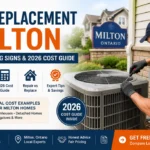 AC replacement in Milton Ontario, technician installing new central air conditioner
