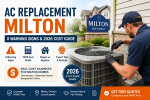 AC replacement in Milton Ontario, technician installing new central air conditioner