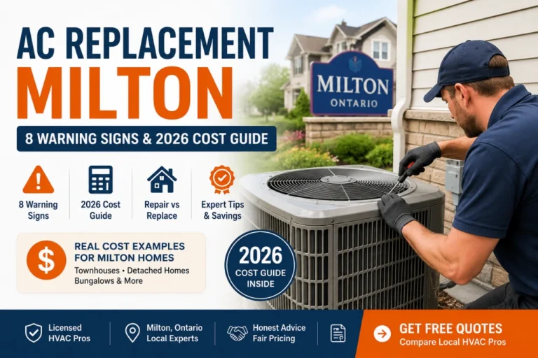 AC replacement in Milton Ontario, technician installing new central air conditioner