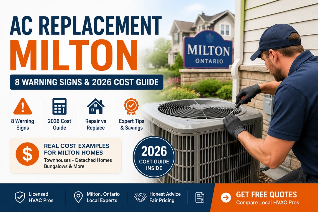 AC replacement in Milton Ontario, technician installing new central air conditioner