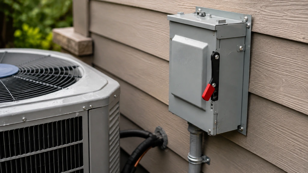 Electrical disconnect switch installed beside a central AC outdoor unit for ESA compliance