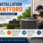 HVAC technician installing a new central air conditioner outdoor unit at a Brantford Ontario home
