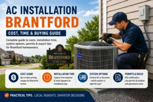 HVAC technician installing a new central air conditioner outdoor unit at a Brantford Ontario home