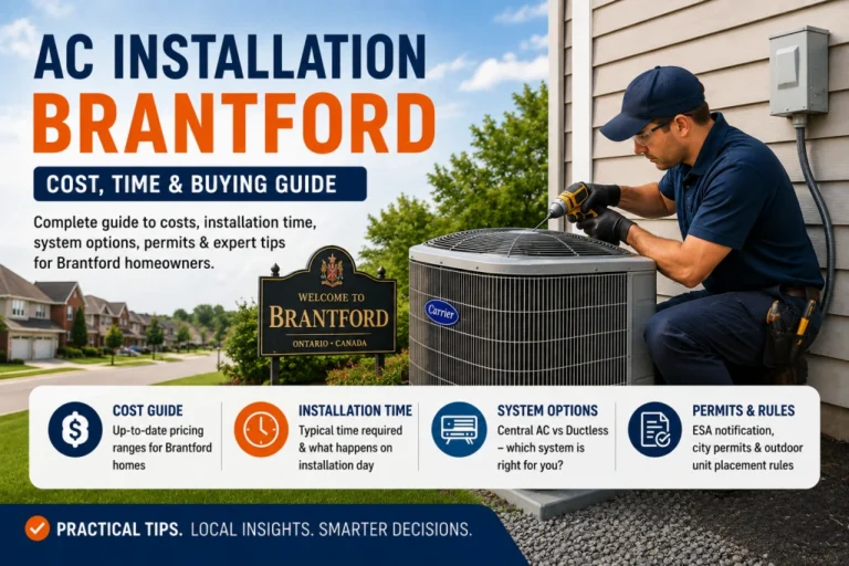 HVAC technician installing a new central air conditioner outdoor unit at a Brantford Ontario home