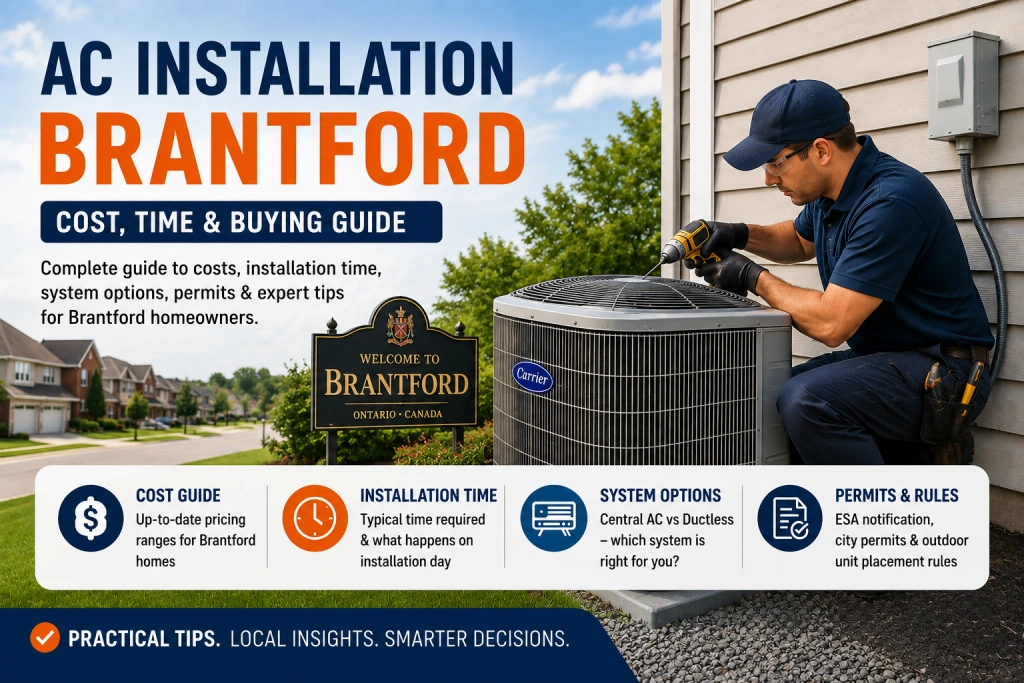 HVAC technician installing a new central air conditioner outdoor unit at a Brantford Ontario home