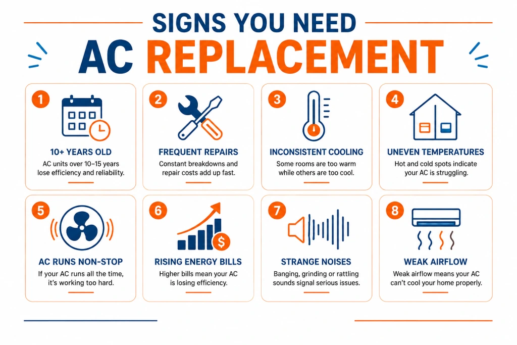 8 warning signs you need AC replacement in Milton infographic