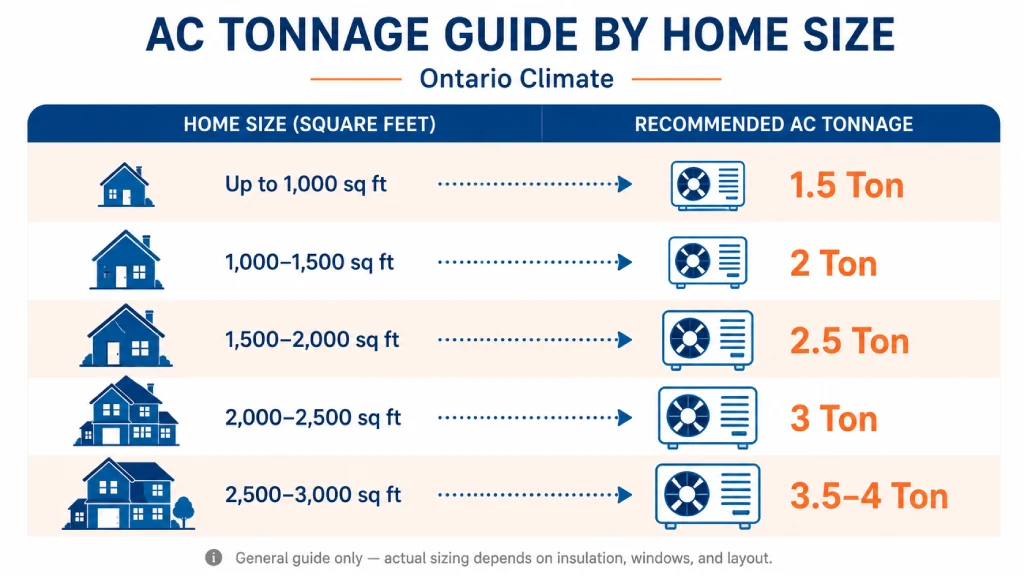 AC tonnage sizing guide for Brantford Ontario homes by square footage
