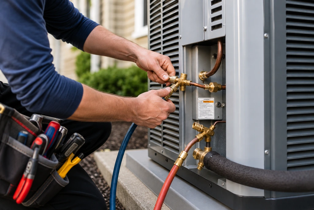 HVAC technician installing new central air conditioner in Milton home