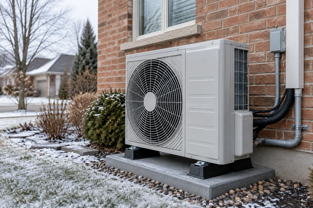 Cold-climate heat pump outdoor unit installed beside a Burlington home