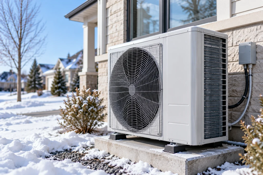 Cold-climate heat pump outdoor unit installed beside a home in Oakville, Ontario