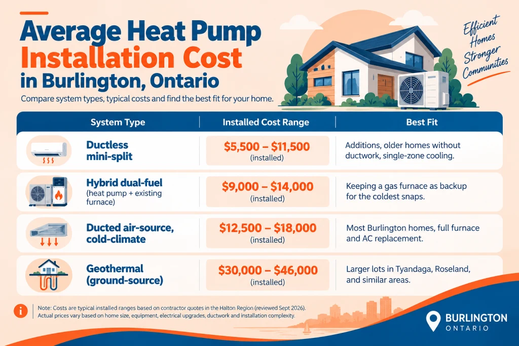 Heat pump installation cost comparison by system type in Burlington Ontario 2026