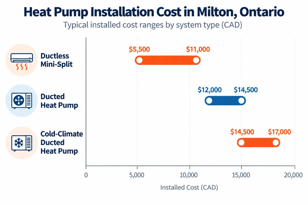 Chart showing heat pump installation cost breakdown by system type in Milton, Ontario, 2026