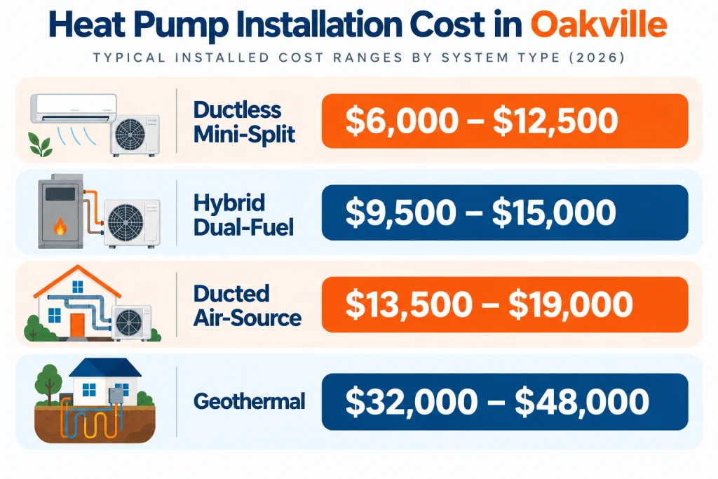 Infographic comparing heat pump installation cost in Oakville by system type: ductless, hybrid, ducted, and geothermal