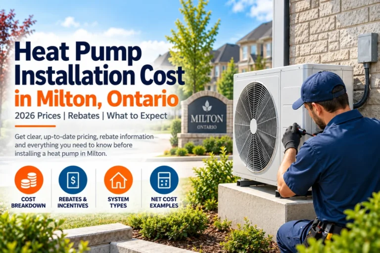 Heat pump installation cost in Milton, Ontario 2026, technician installing outdoor unit