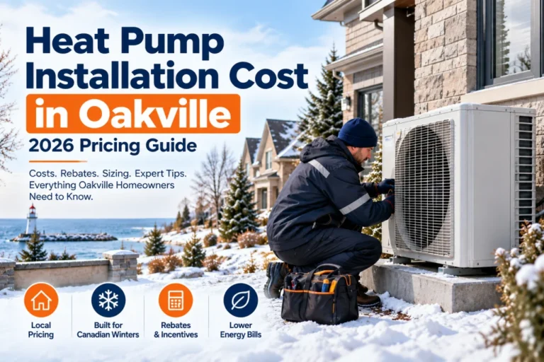 Heat pump installation cost in Oakville, Ontario, technician installing outdoor unit in 2026