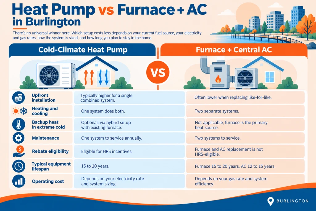 Heat pump vs furnace and AC comparison chart for Burlington Ontario homeowners
