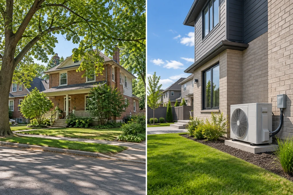 Older and newer Milton, Ontario neighbourhood homes relevant to heat pump installation