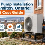 Technician installing a cold-climate heat pump outdoor unit beside a brick home in Hamilton, Ontario