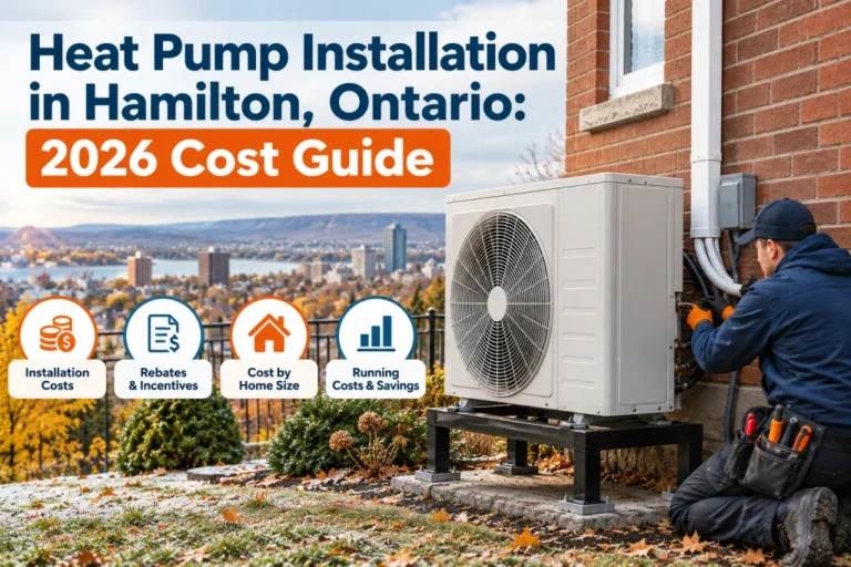 Technician installing a cold-climate heat pump outdoor unit beside a brick home in Hamilton, Ontario