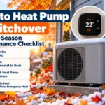 Outdoor heat pump unit beside a brick home with fallen autumn leaves and a light dusting of early snow