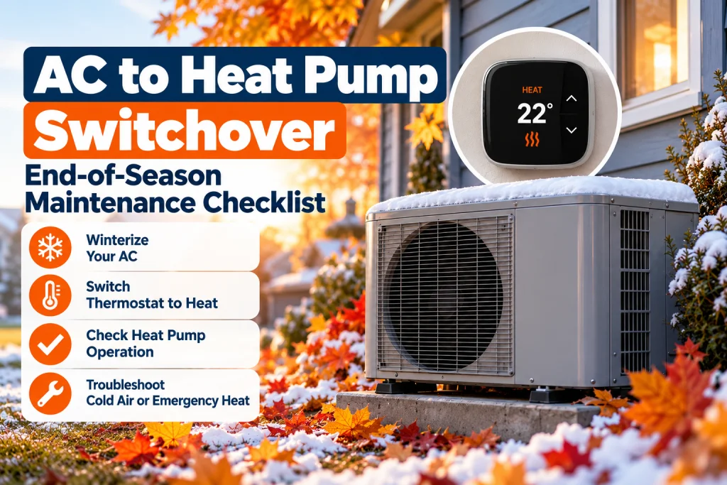 Outdoor heat pump unit beside a brick home with fallen autumn leaves and a light dusting of early snow