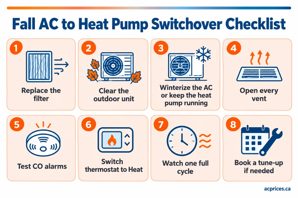 Infographic of the 8-step AC to heat pump switchover checklist for Ontario homes