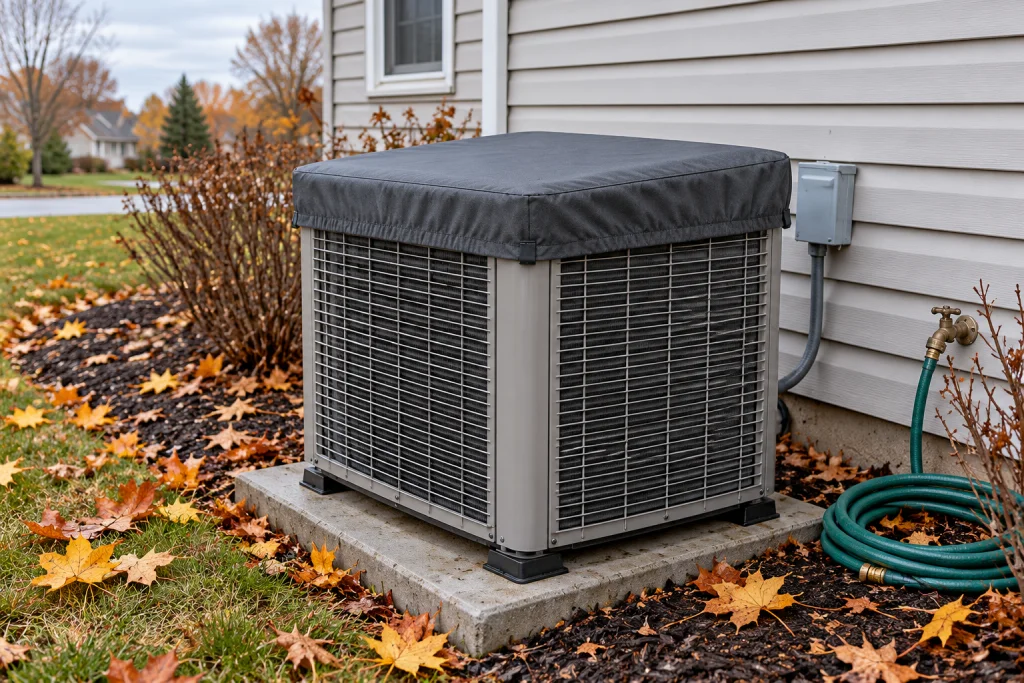 Central air conditioner outdoor unit with a breathable cover on the top only and the sides left open in late fall