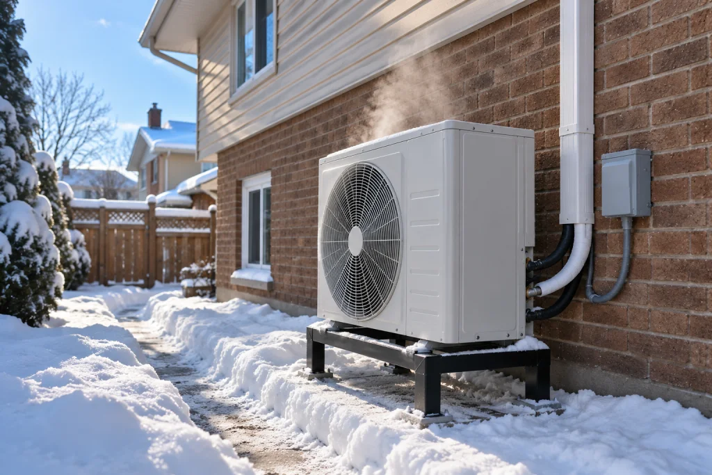 Cold-climate heat pump outdoor unit on a raised stand beside a Hamilton Ontario home in winter