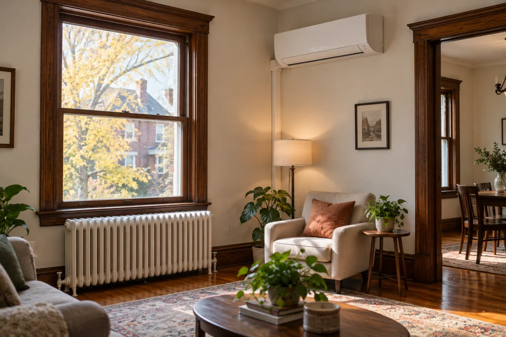 Ductless heat pump indoor unit mounted above a cast-iron radiator in an older Hamilton home
