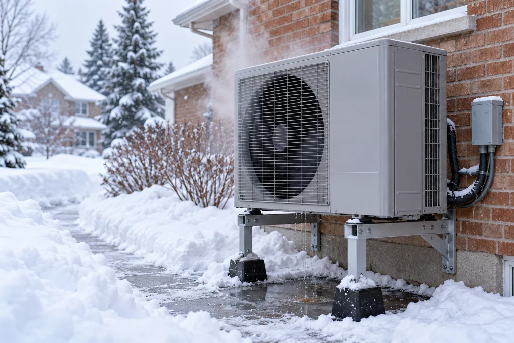 Heat pump outdoor unit on a raised stand releasing steam during a defrost cycle in Ontario winter