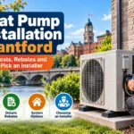 Heat pump installation in Brantford: technician beside a cold-climate heat pump outdoor unit at a brick home