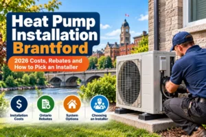Heat pump installation in Brantford: technician beside a cold-climate heat pump outdoor unit at a brick home