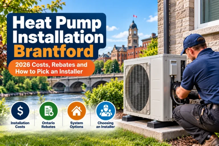 Heat pump installation in Brantford: technician beside a cold-climate heat pump outdoor unit at a brick home