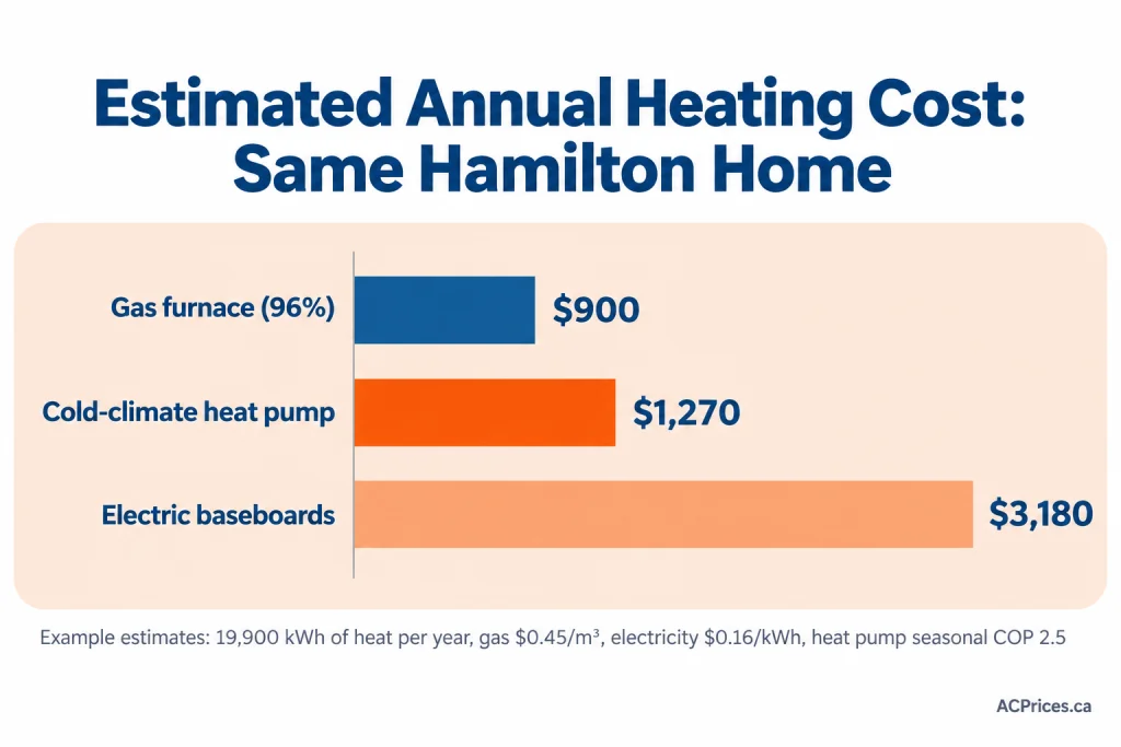 	Bar chart of estimated annual heating cost for the same Hamilton home: gas furnace about $900, cold-climate heat pump about $1,270, electric baseboards about $3,180