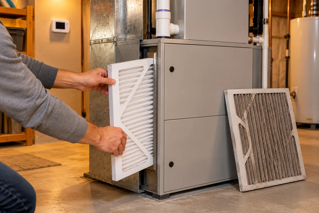 Homeowner sliding a new air filter into a furnace in a basement utility room